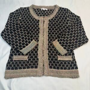 Roz & Ali Vtg Knit Cardigan Sweater Jacket M Black Multicolor Metallic Thread